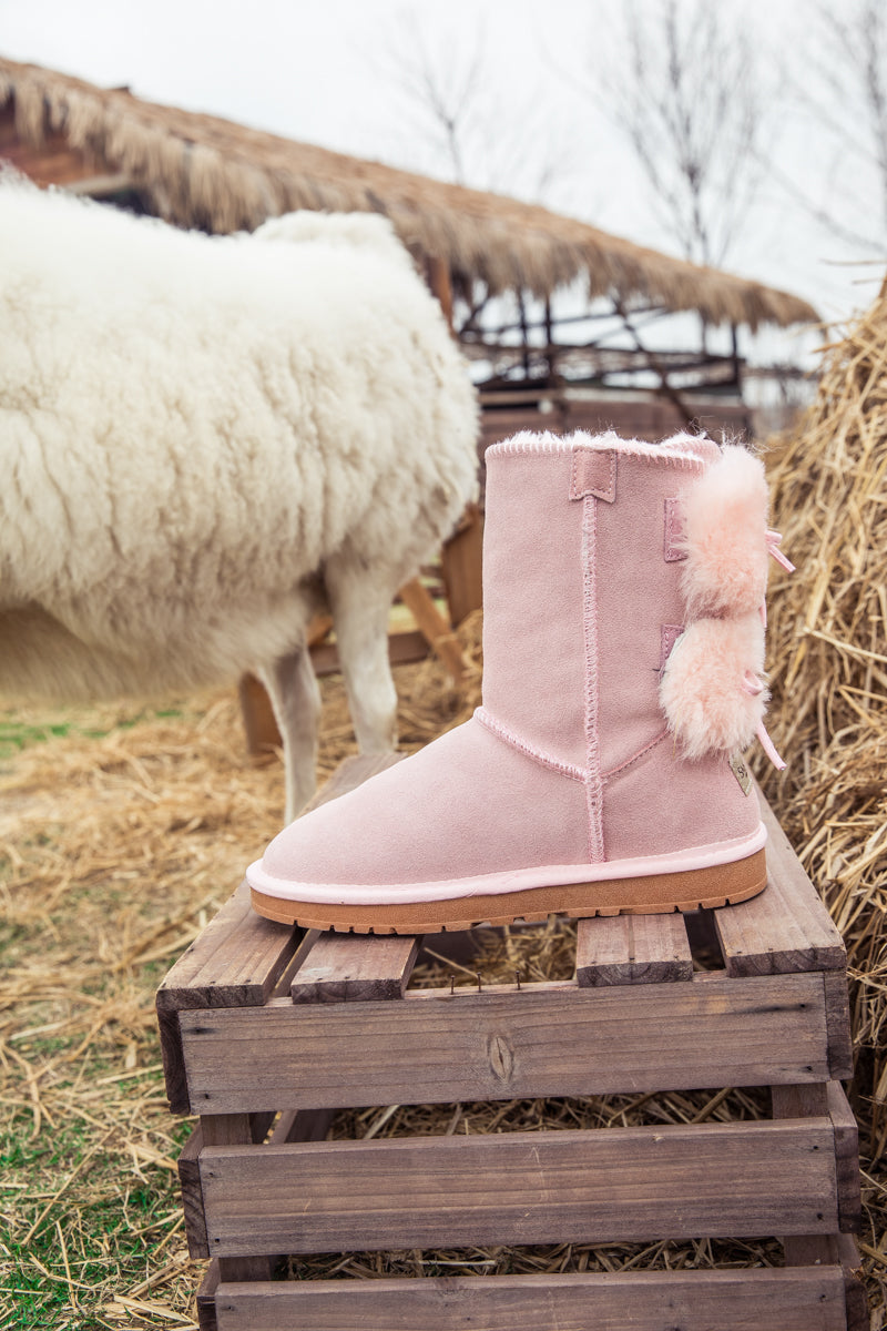 UGG Back Woollen Bow Suede Boots - Pink