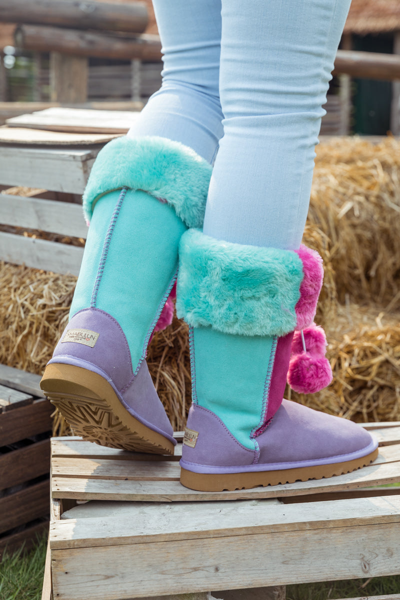 UGG Fringe Ball Color Contrast Suede Boots - Purple