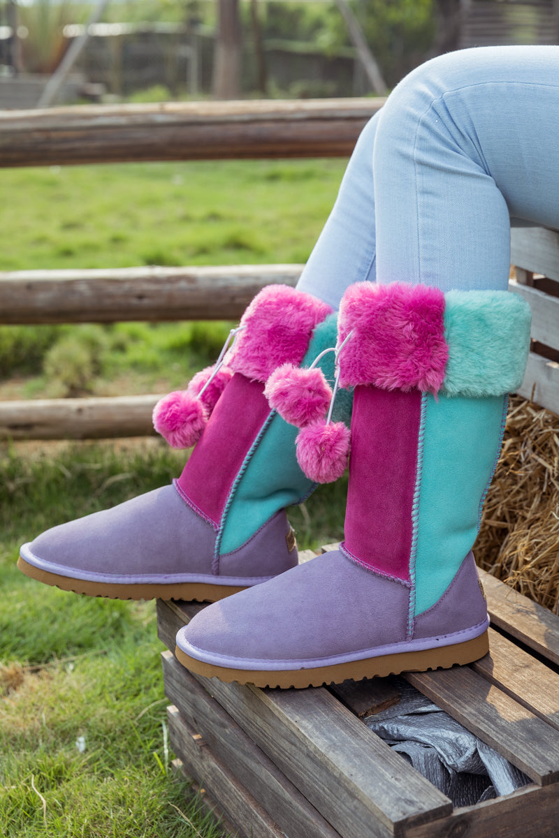 UGG Fringe Ball Color Contrast Suede Boots - Purple