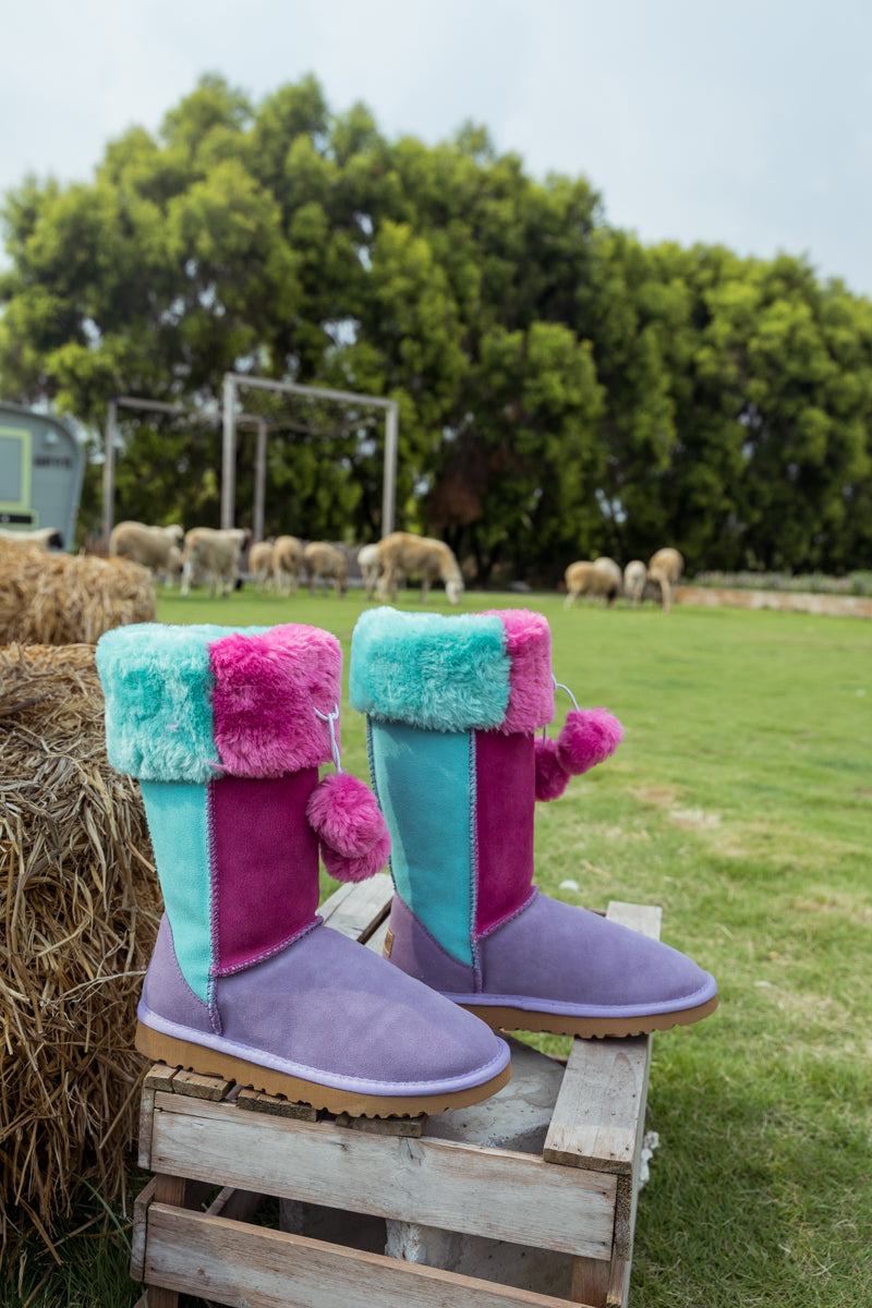 UGG Fringe Ball Color Contrast Suede Boots - Purple