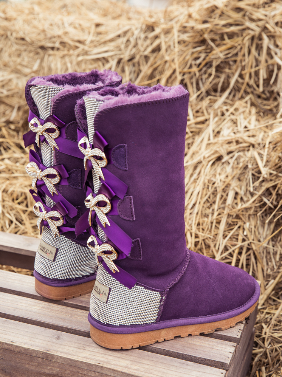 UGG Rhinestone Ribbon Ballet Bow Suede Boots - Purple