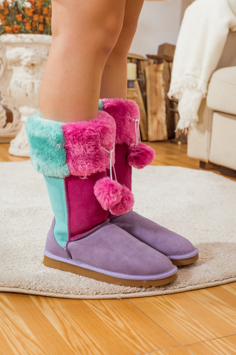 UGG Fringe Ball Color Contrast Suede Boots - Purple