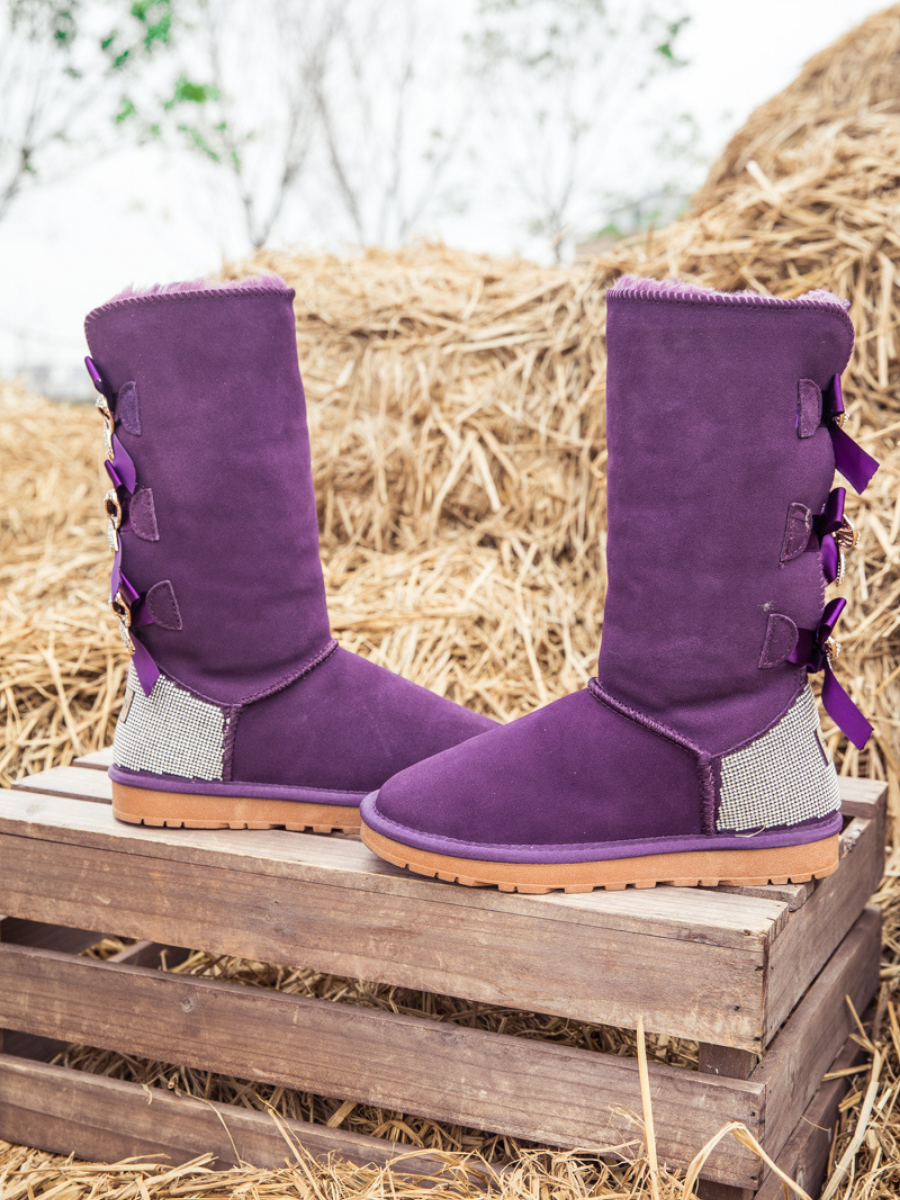 UGG Rhinestone Ribbon Ballet Bow Suede Boots - Purple