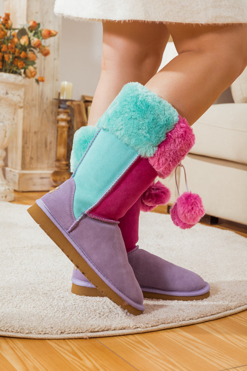 UGG Fringe Ball Color Contrast Suede Boots - Purple