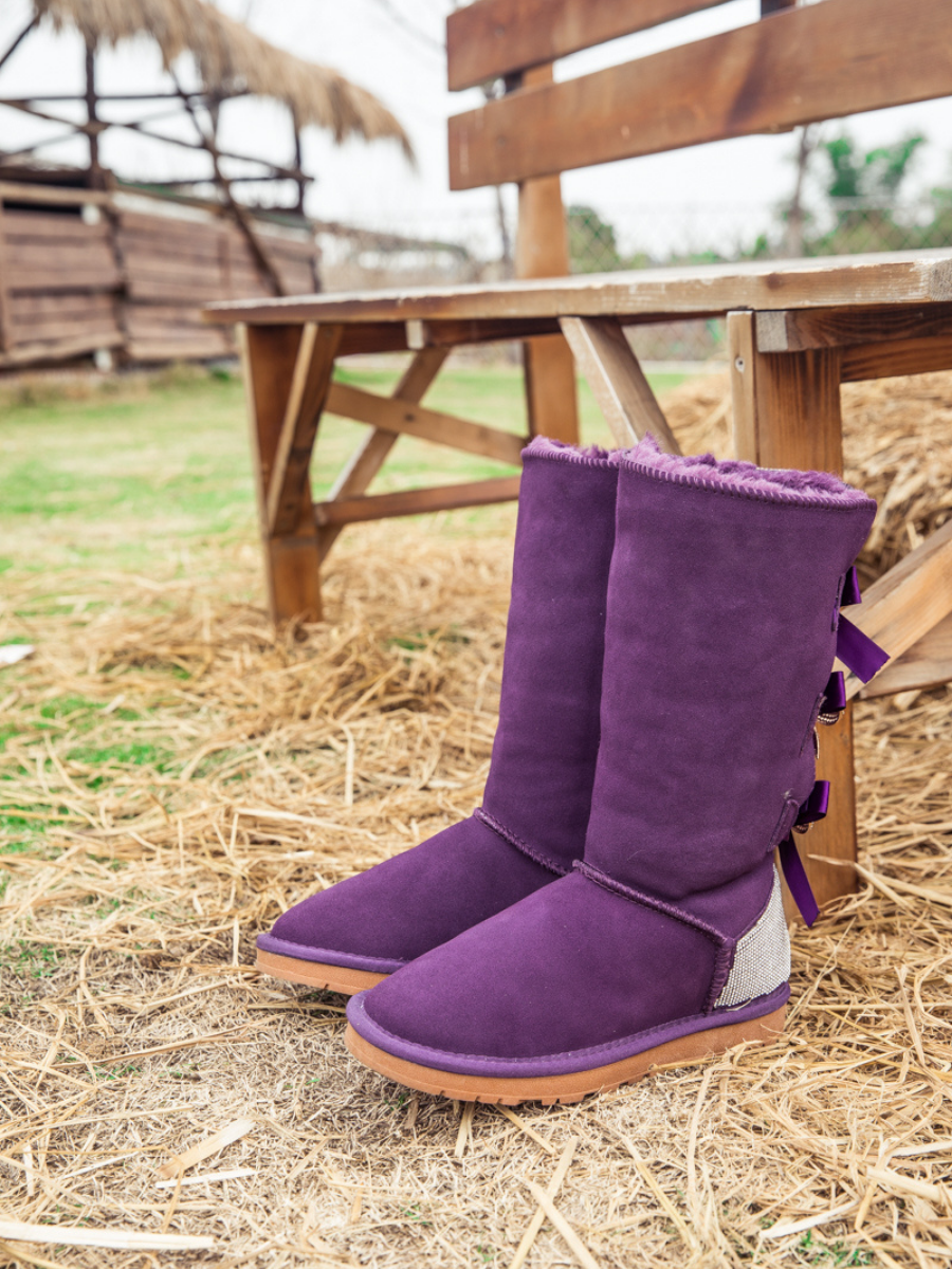 UGG Rhinestone Ribbon Ballet Bow Suede Boots - Purple