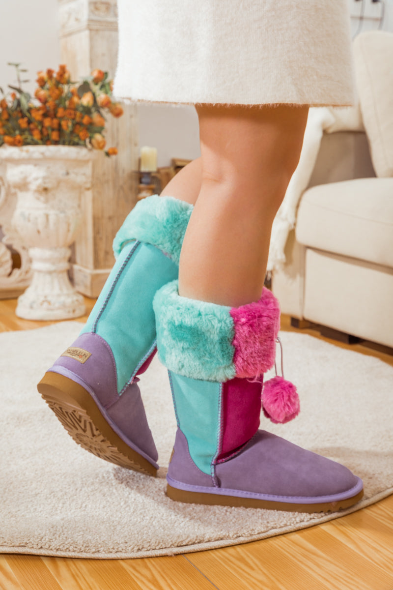 UGG Fringe Ball Color Contrast Suede Boots - Purple