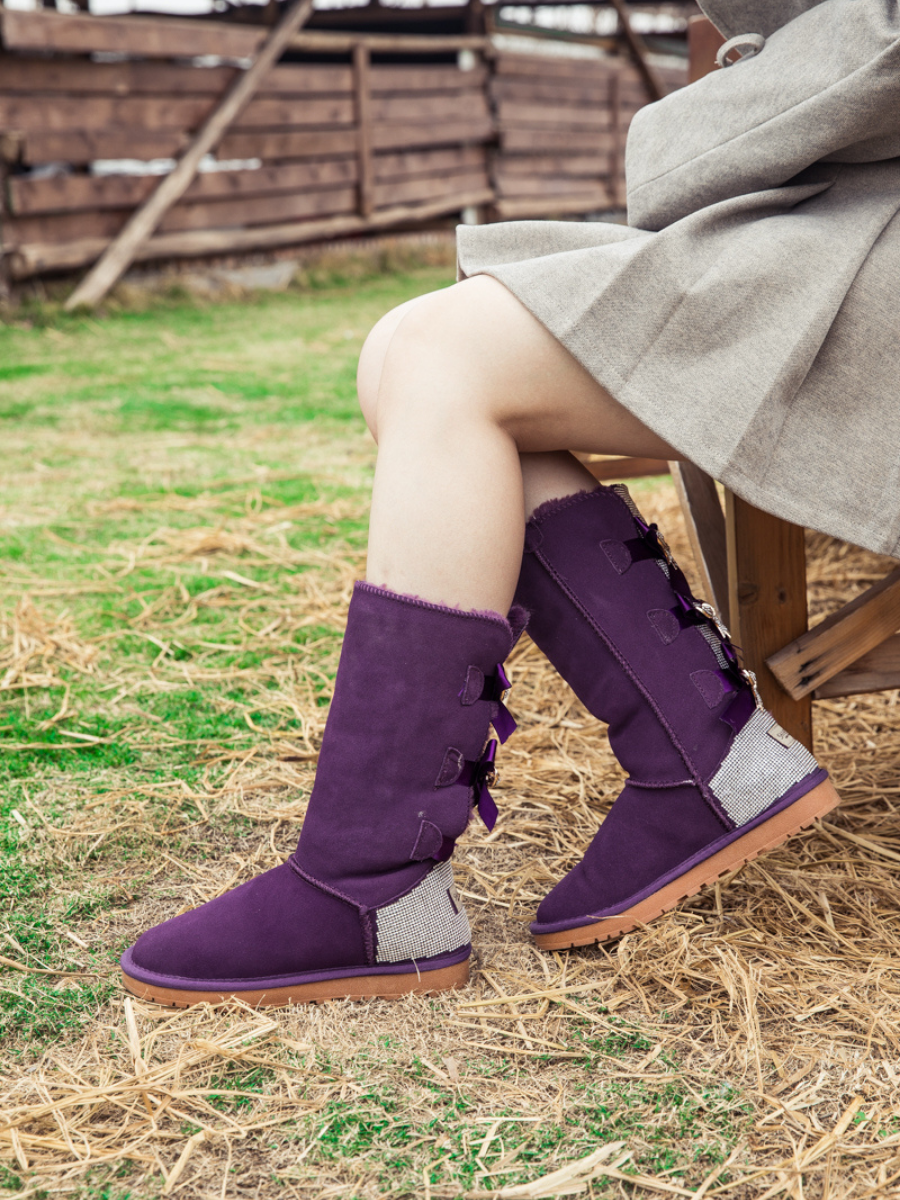 UGG Rhinestone Ribbon Ballet Bow Suede Boots - Purple