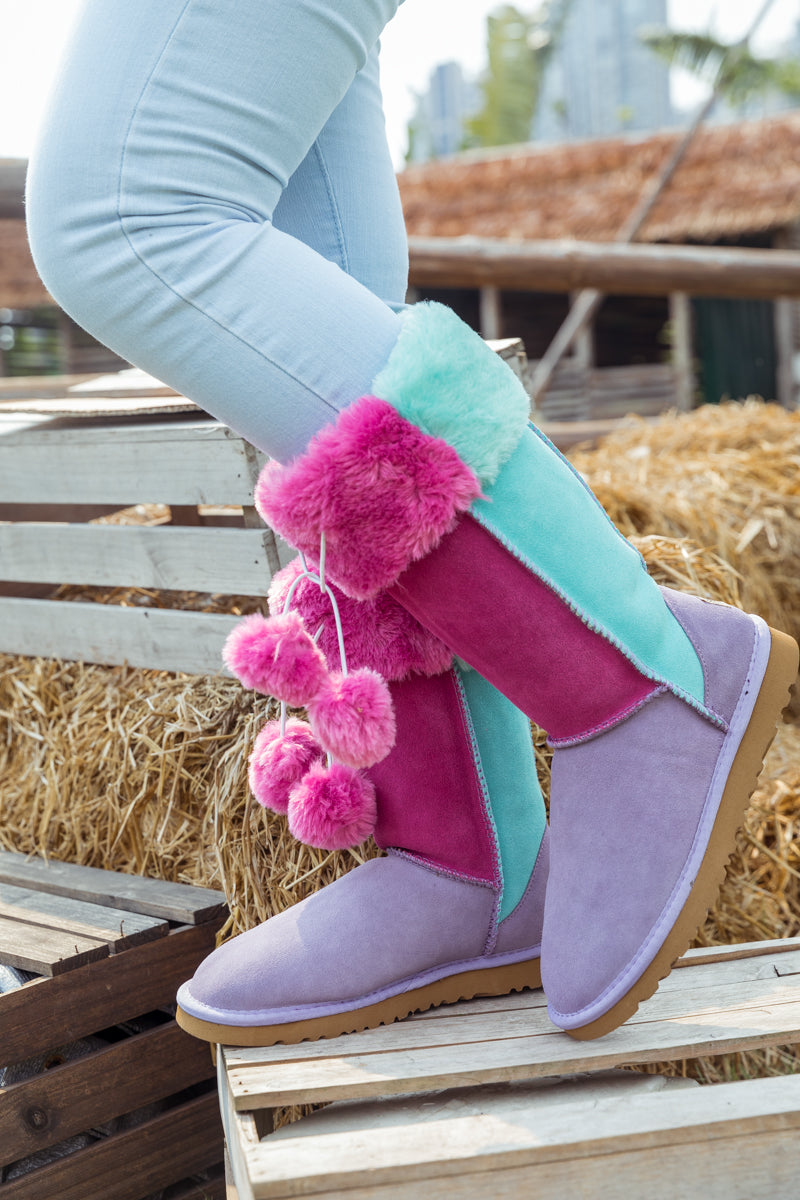 UGG Fringe Ball Color Contrast Suede Boots - Purple