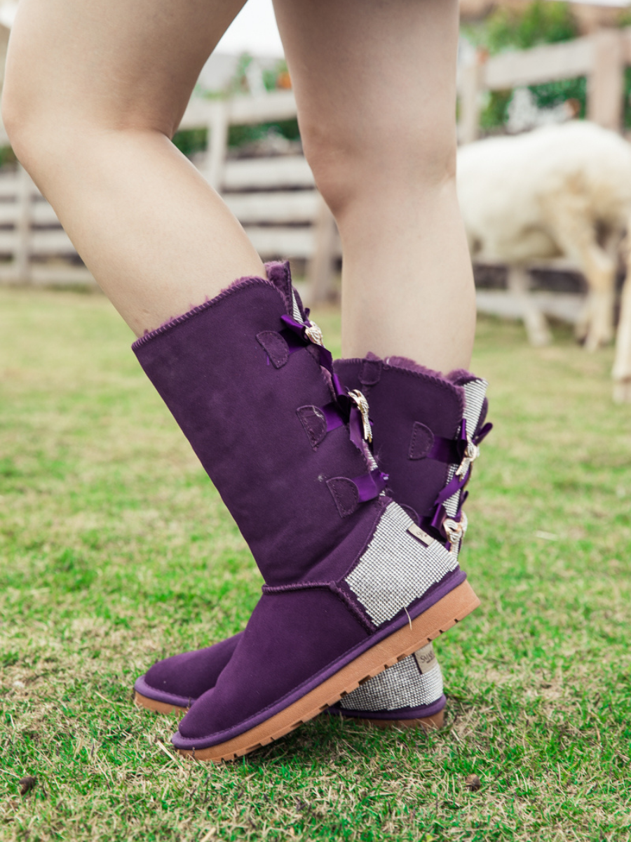 UGG Rhinestone Ribbon Ballet Bow Suede Boots - Purple