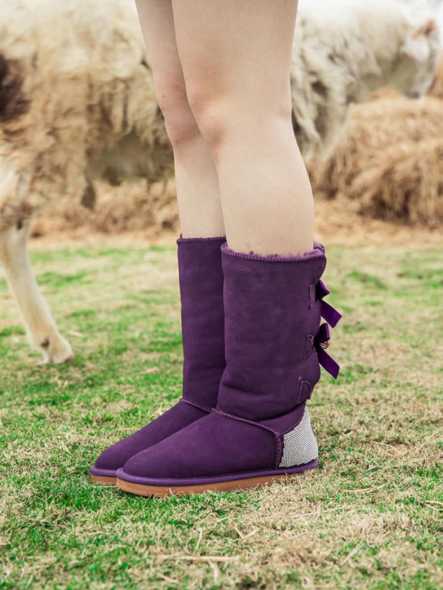 UGG Rhinestone Ribbon Ballet Bow Suede Boots - Purple