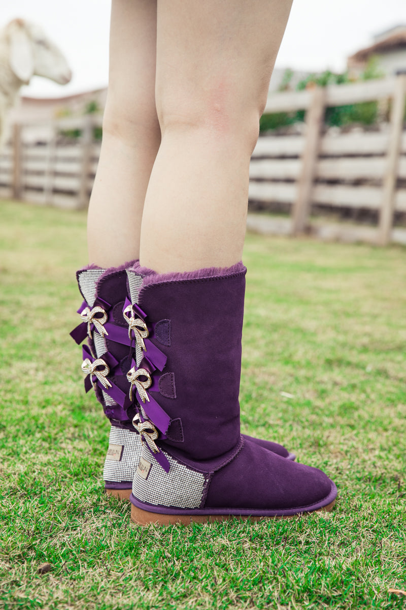 UGG Rhinestone Ribbon Ballet Bow Suede Boots - Purple