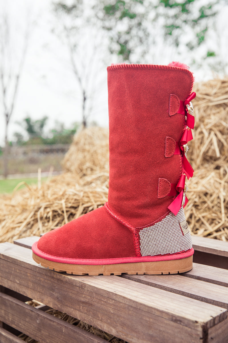 UGG Rhinestone Ribbon Tri-Tie Bow Suede Boots - Red