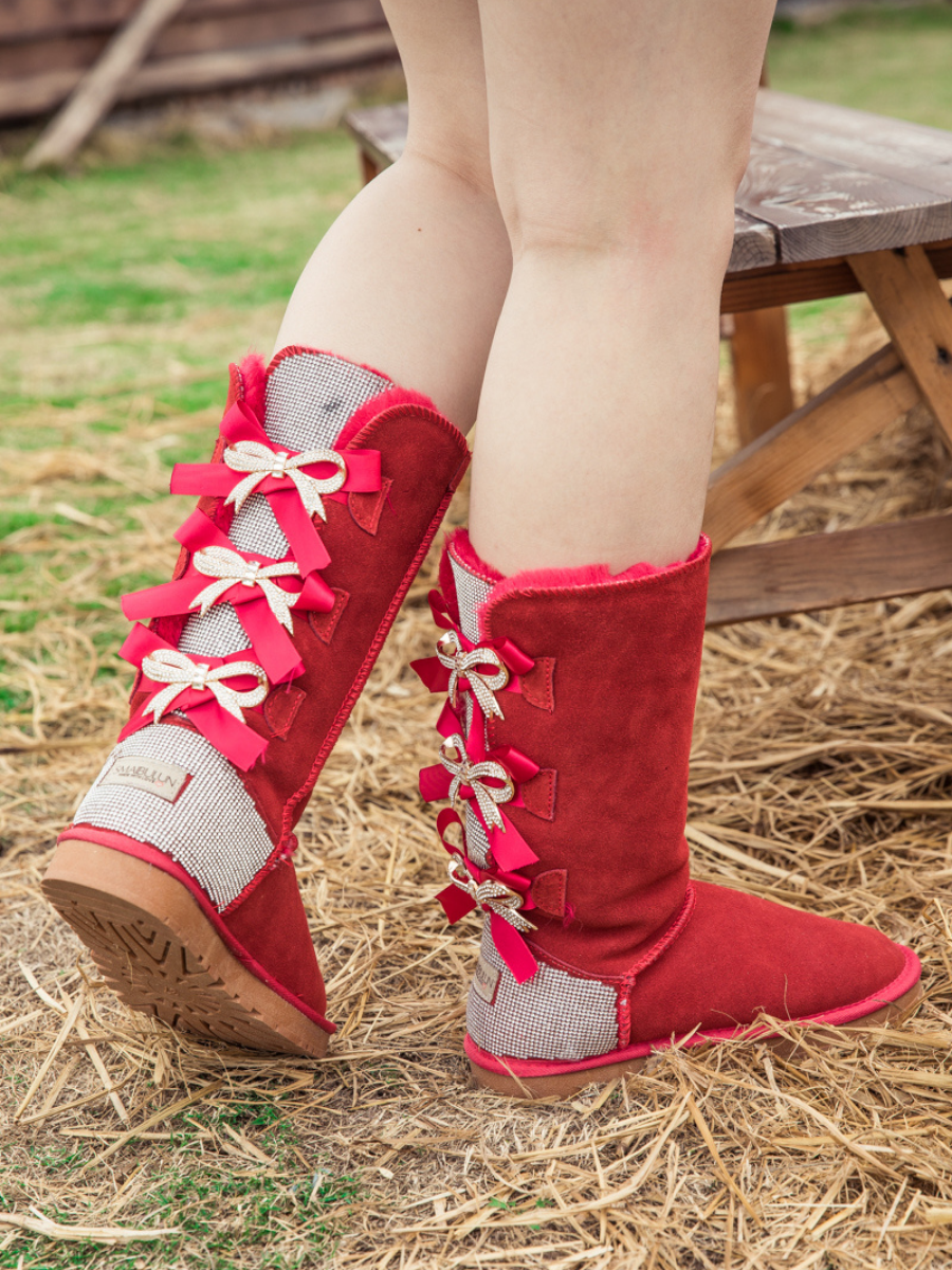 UGG Rhinestone Ribbon Tri-Tie Bow Suede Boots - Red