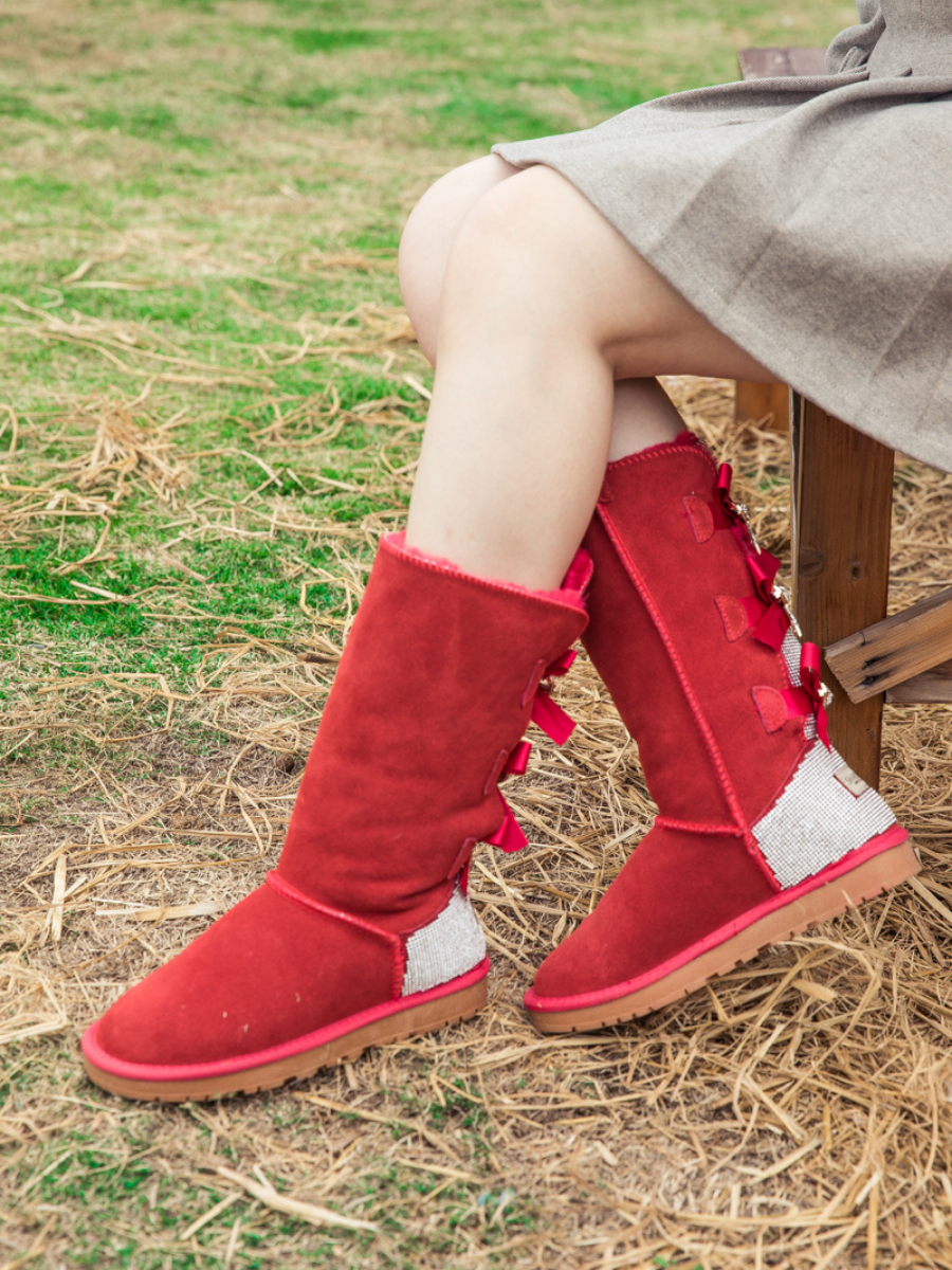 UGG Rhinestone Ribbon Tri-Tie Bow Suede Boots - Red