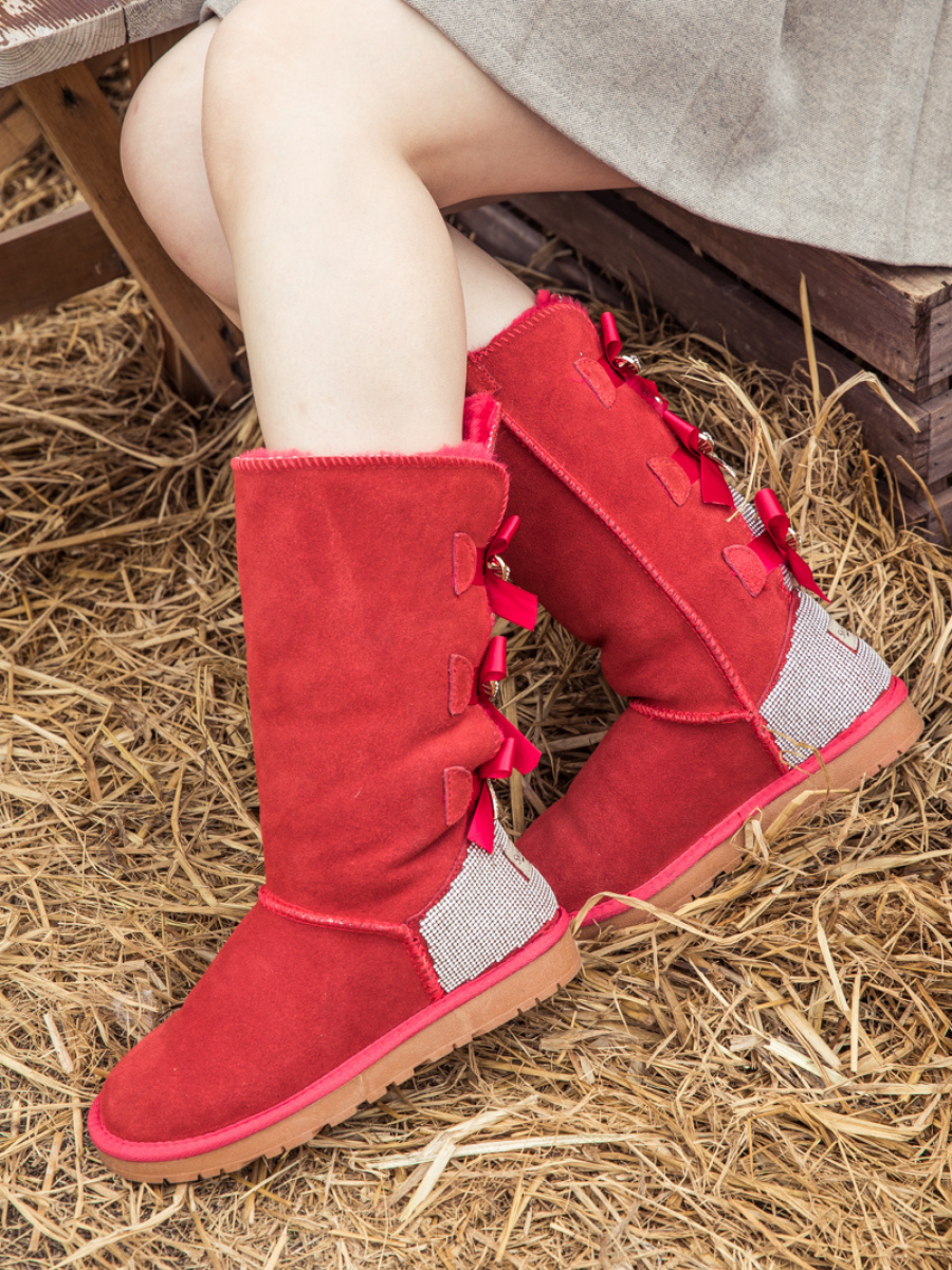UGG Rhinestone Ribbon Tri-Tie Bow Suede Boots - Red