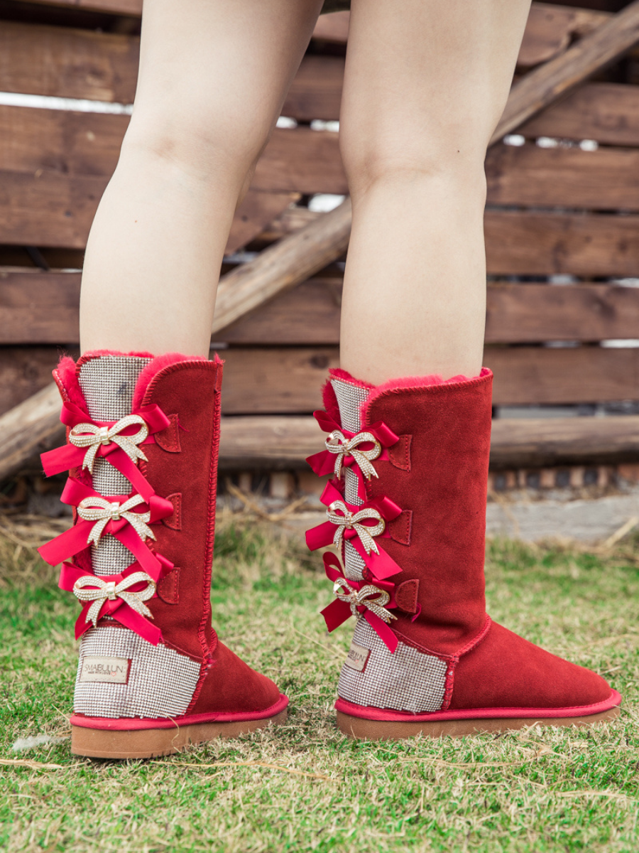 UGG Rhinestone Ribbon Tri-Tie Bow Suede Boots - Red