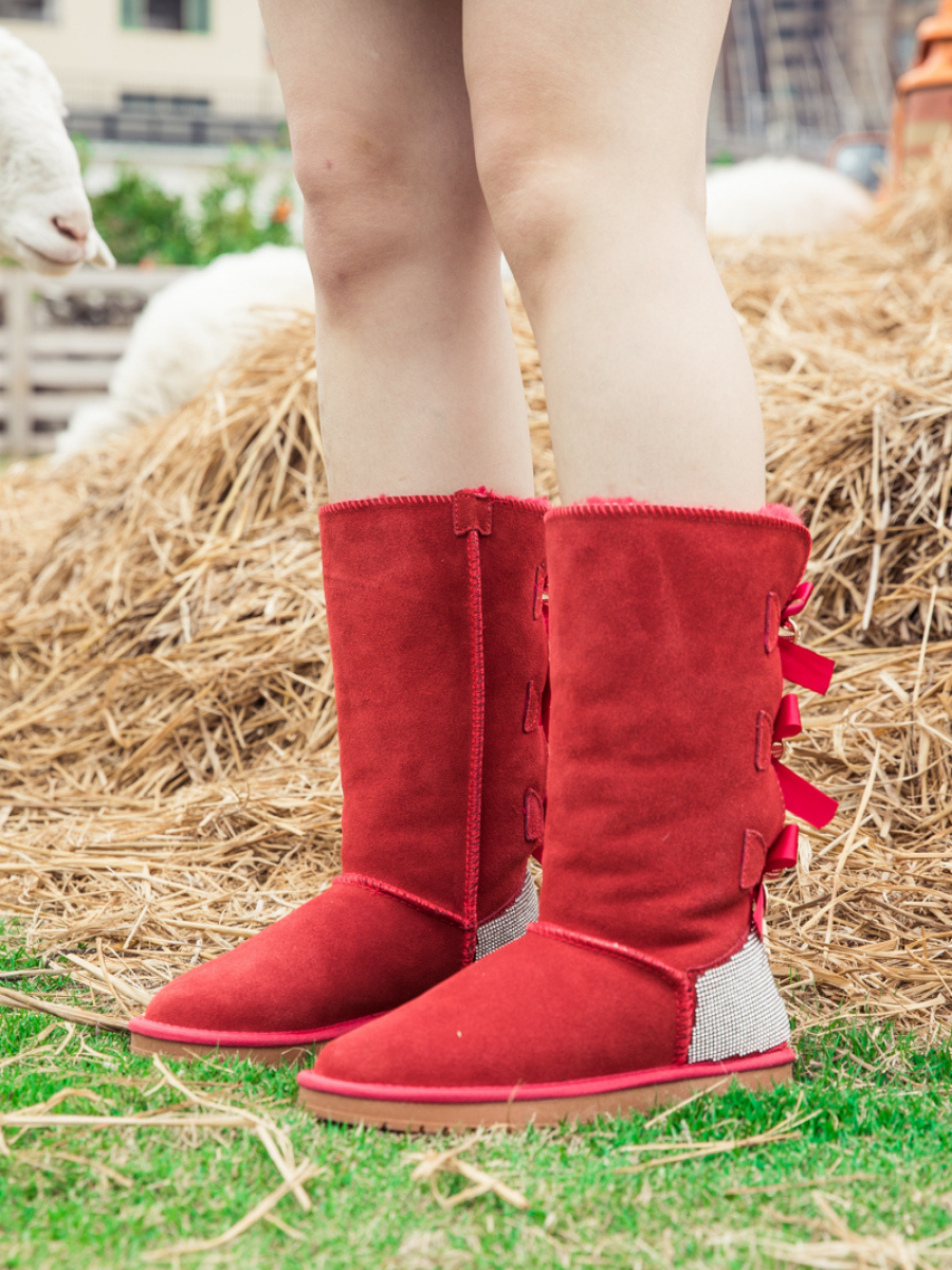 UGG Rhinestone Ribbon Tri-Tie Bow Suede Boots - Red