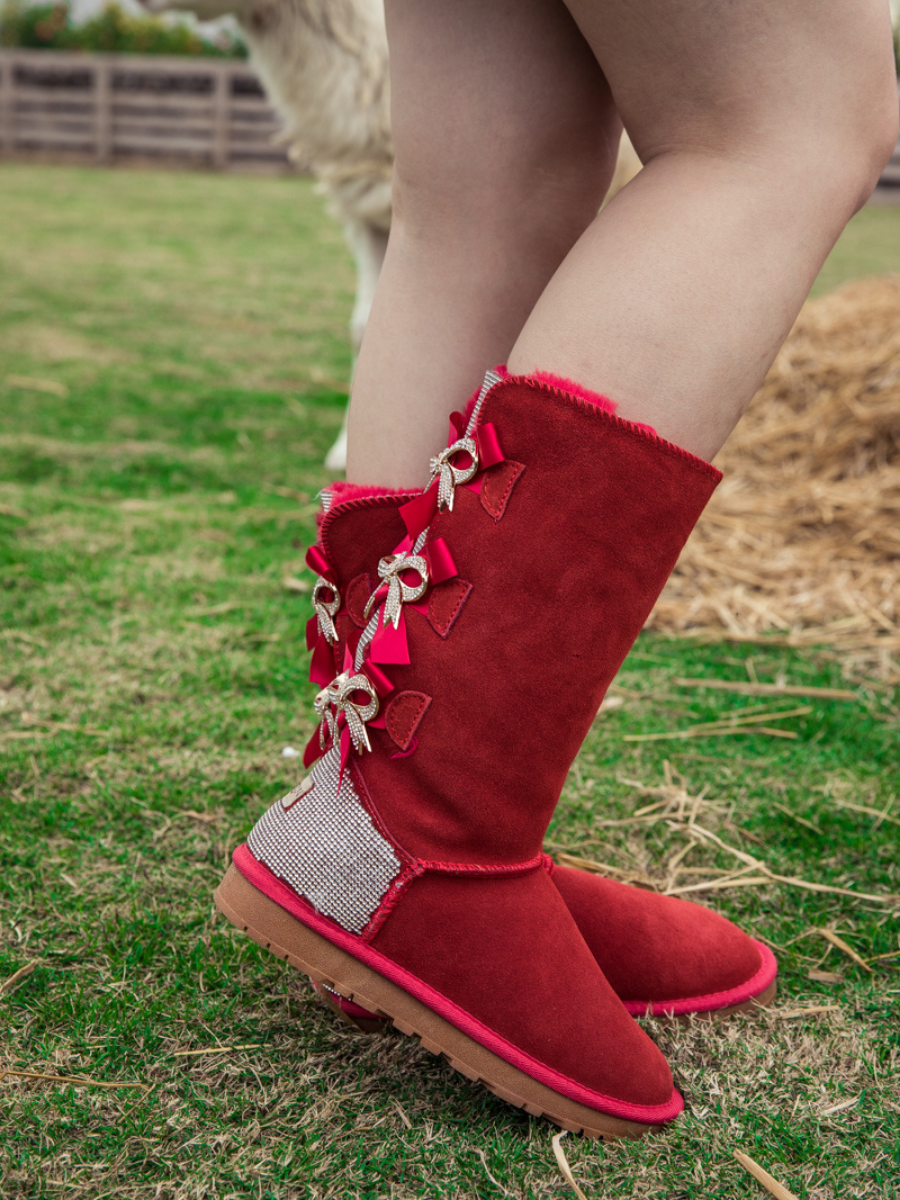 UGG Rhinestone Ribbon Tri-Tie Bow Suede Boots - Red