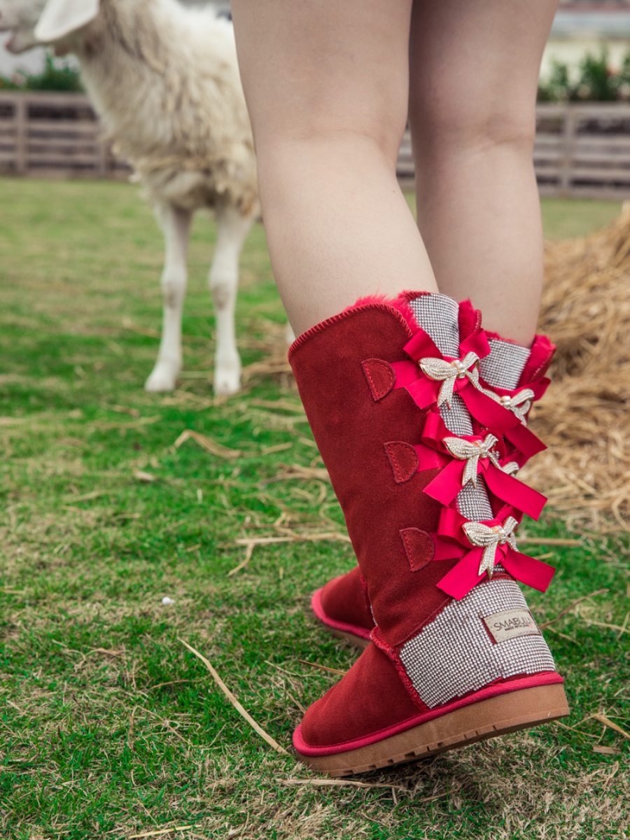 UGG Rhinestone Ribbon Tri-Tie Bow Suede Boots - Red