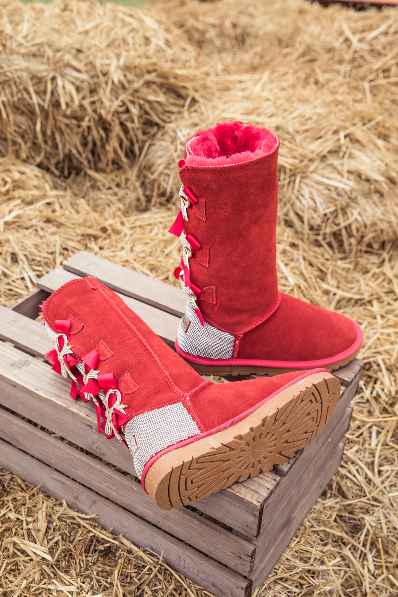 UGG Rhinestone Ribbon Tri-Tie Bow Suede Boots - Red