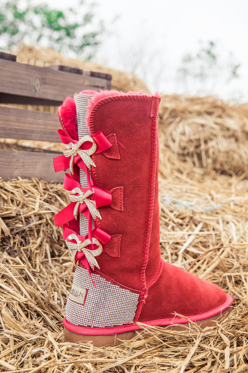 UGG Rhinestone Ribbon Tri-Tie Bow Suede Boots - Red
