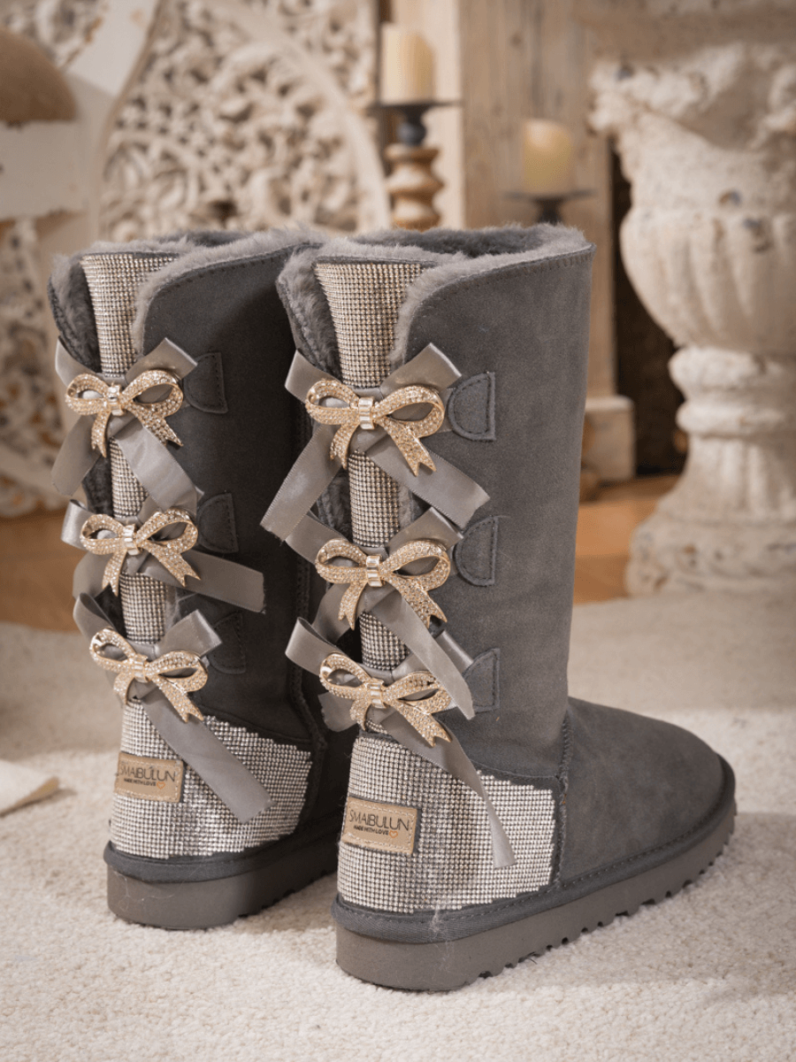 UGG Rhinestone Ribbon Tri-Tie Bow Suede Boots - Grey
