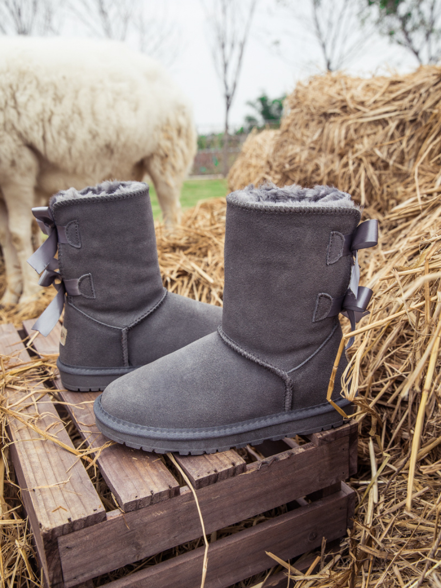 UGG Double Ballet Ribbon Bow Suede Shearling Boots - Grey