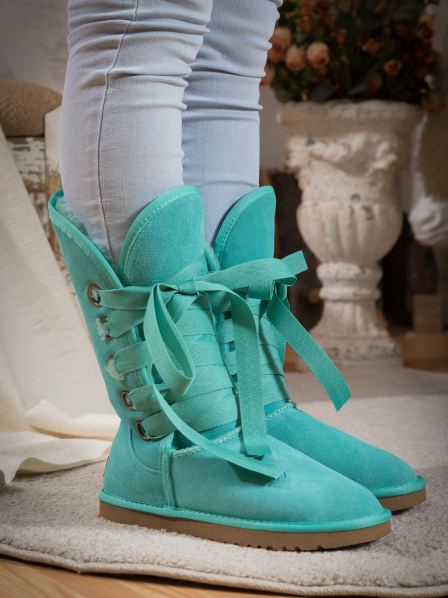 UGG Ribbon Lace-Up Faux Fur-lined Suede Boot - Turquoise