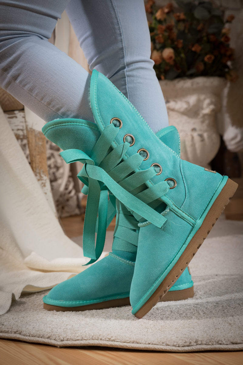 UGG Ribbon Lace-Up Faux Fur-lined Suede Boot - Turquoise