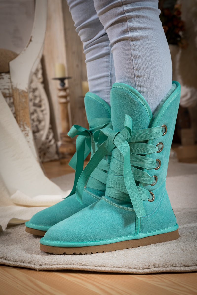UGG Ribbon Lace-Up Faux Fur-lined Suede Boot - Turquoise