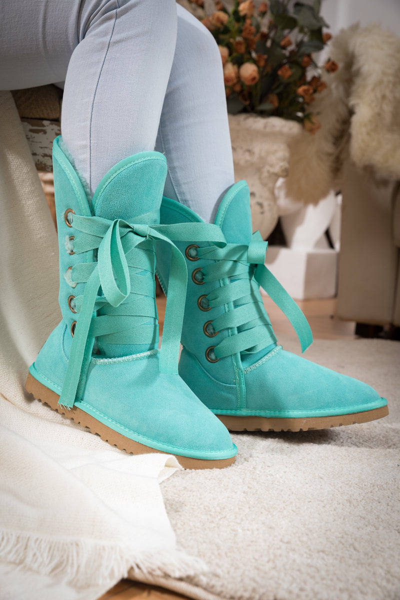 UGG Ribbon Lace-Up Faux Fur-lined Suede Boot - Turquoise