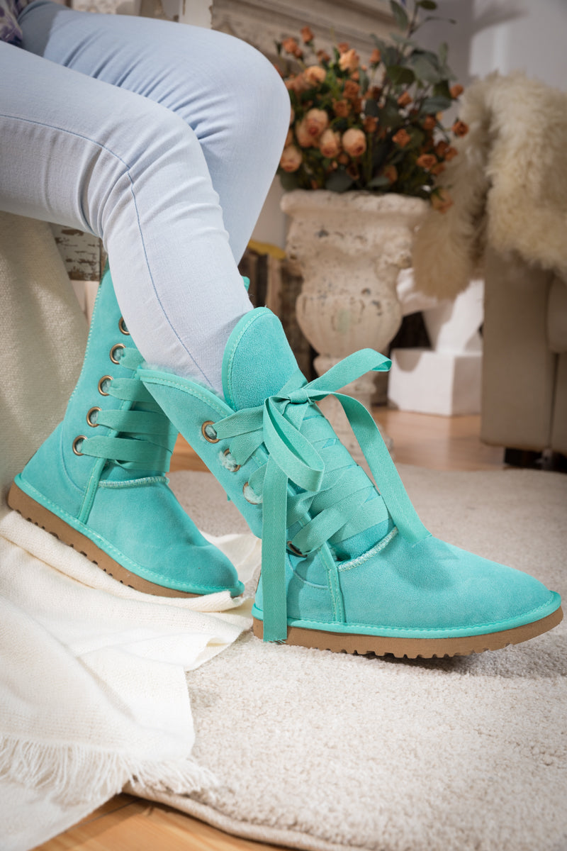 UGG Ribbon Lace-Up Faux Fur-lined Suede Boot - Turquoise