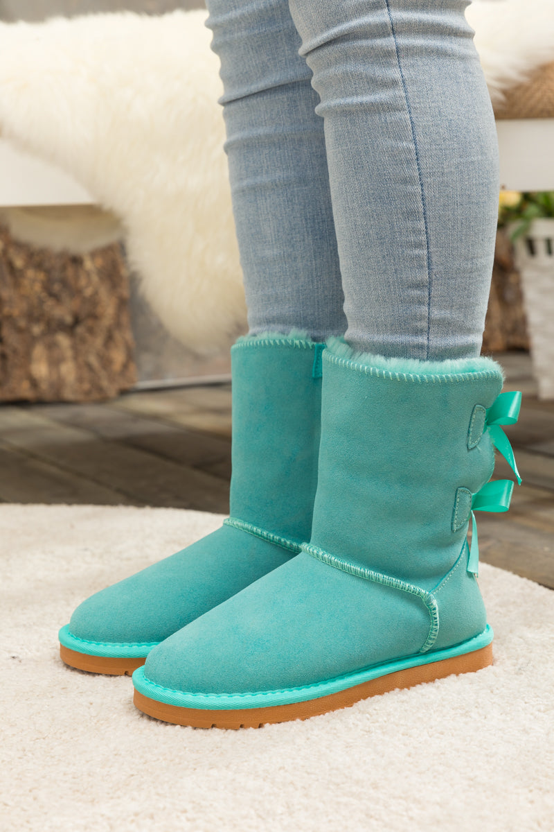 UGG Double Ballet Ribbon Bow Suede Shearling Boots - Turquoise