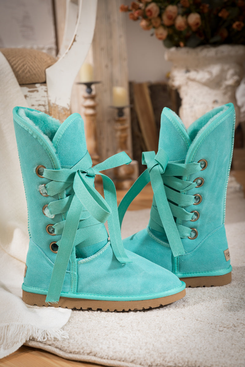UGG Ribbon Lace-Up Faux Fur-lined Suede Boot - Turquoise