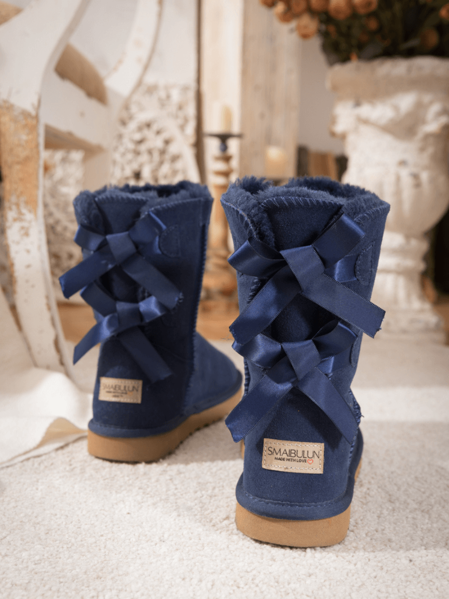 UGG Double Ballet Ribbon Bow Suede Shearling Boots - Navy