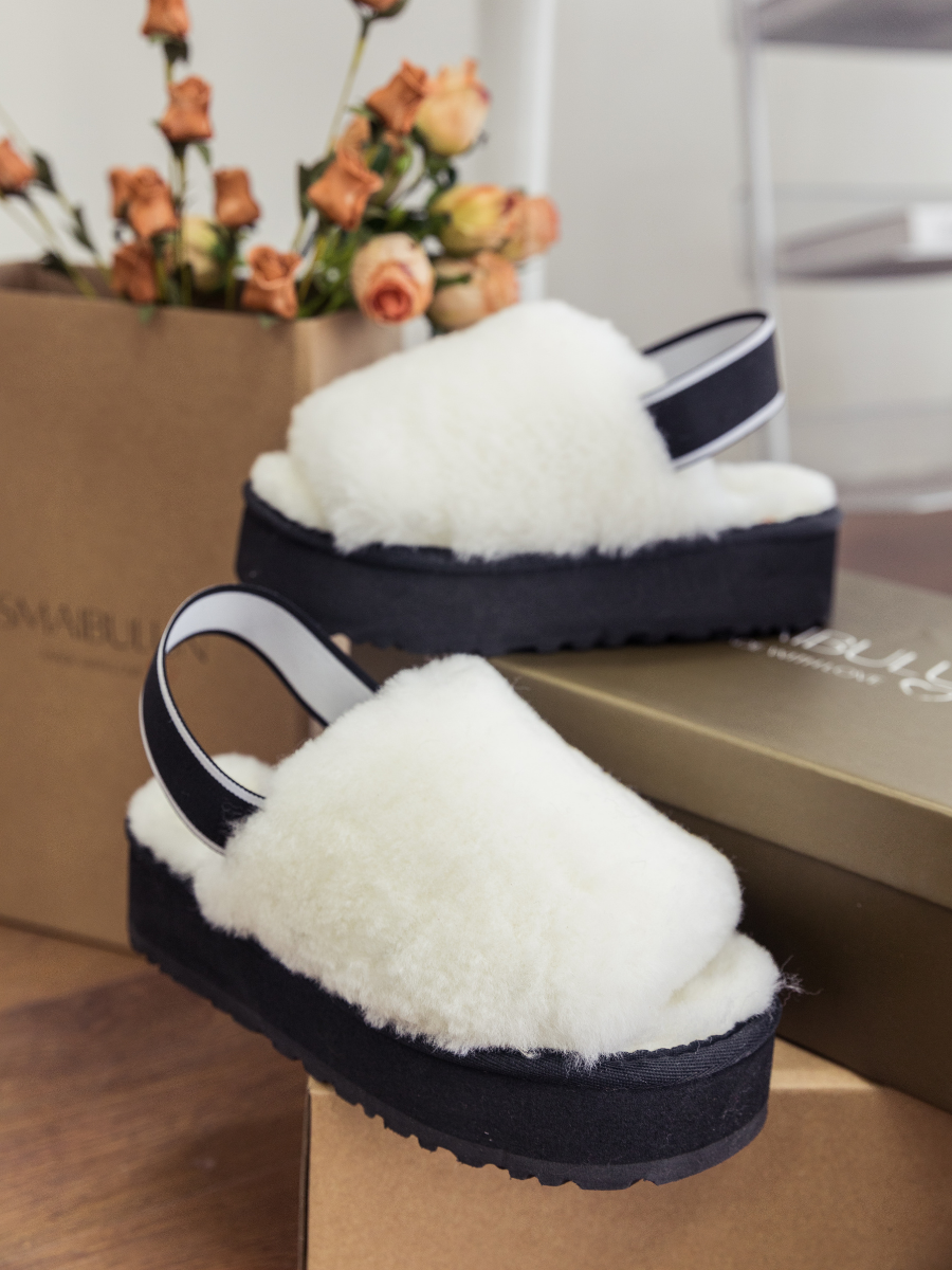 UGG Soft Woolen Fluffy Disco Platform Sandal Slipper - White