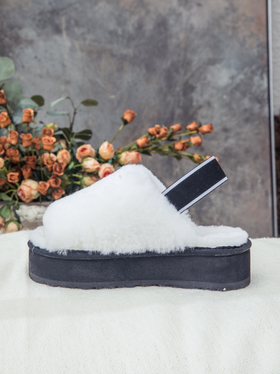 UGG Soft Woolen Fluffy Disco Platform Sandal Slipper - White