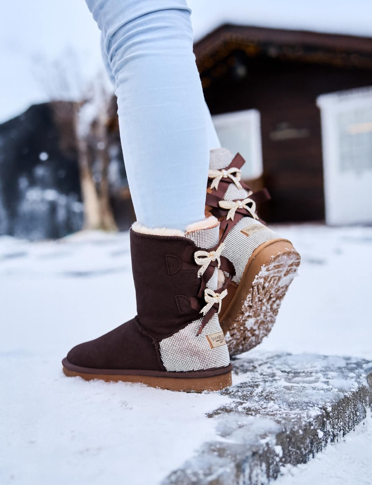 UGG Rhinestone Dual Bailey Bow Glam UGG Boots - Chocolate