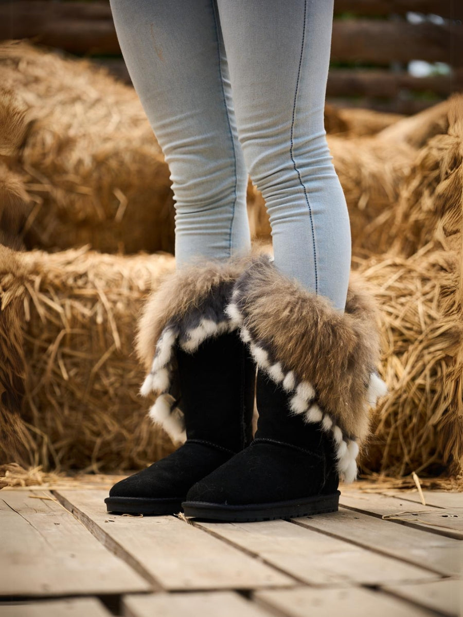 UGG Faux Fur Wool-Lined Grazing Calf Boots - Black