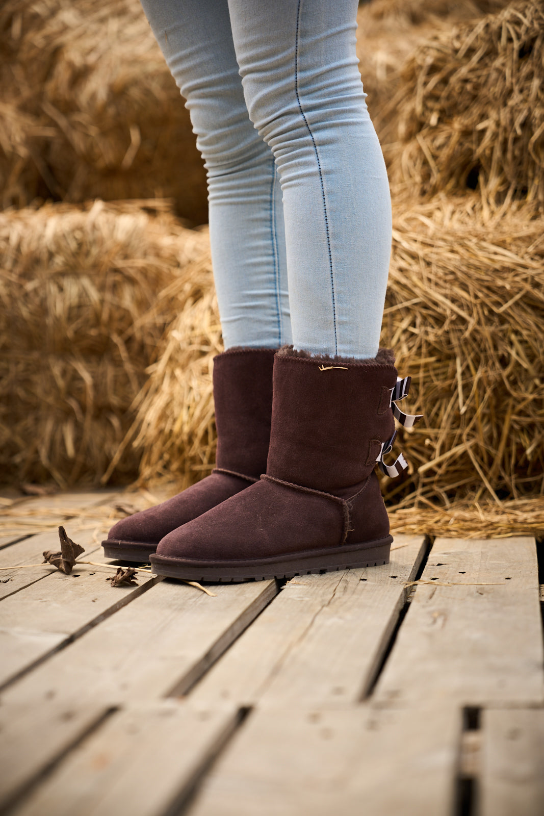 UGG Serenity Striped Bailey Bow Shearling Boots - Brown