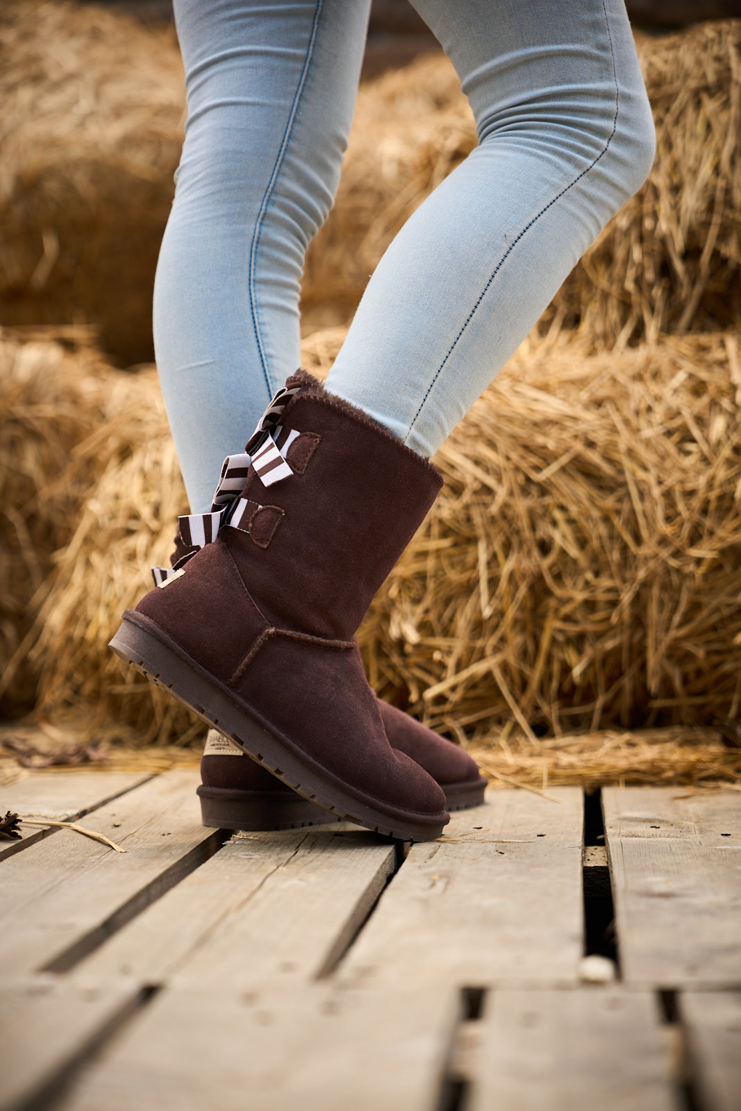 UGG Serenity Striped Bailey Bow Shearling Boots - Brown