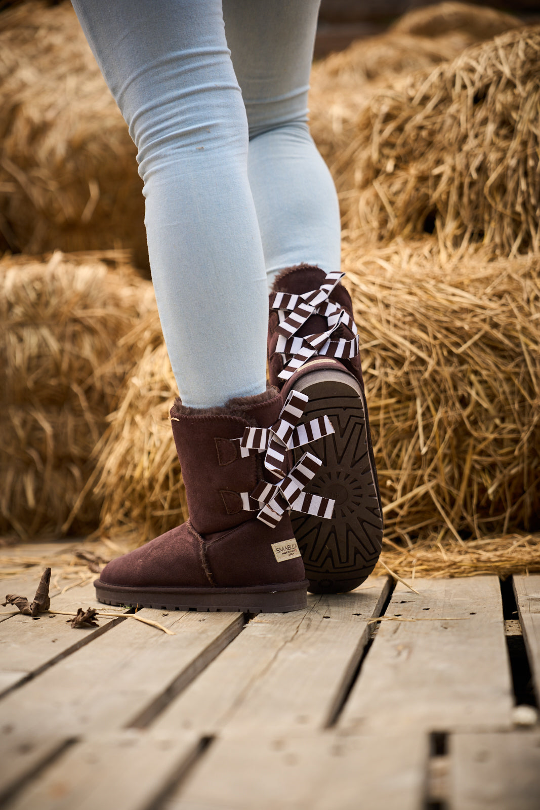 UGG Serenity Striped Bailey Bow Shearling Boots - Brown