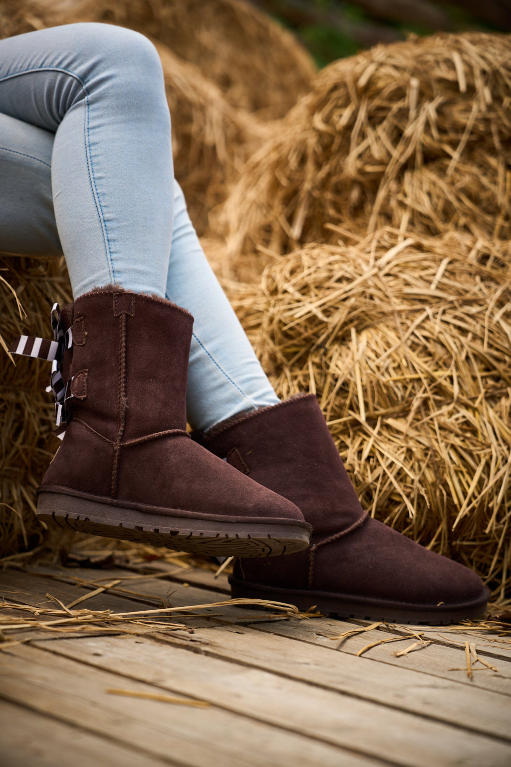 UGG Serenity Striped Bailey Bow Shearling Boots - Brown