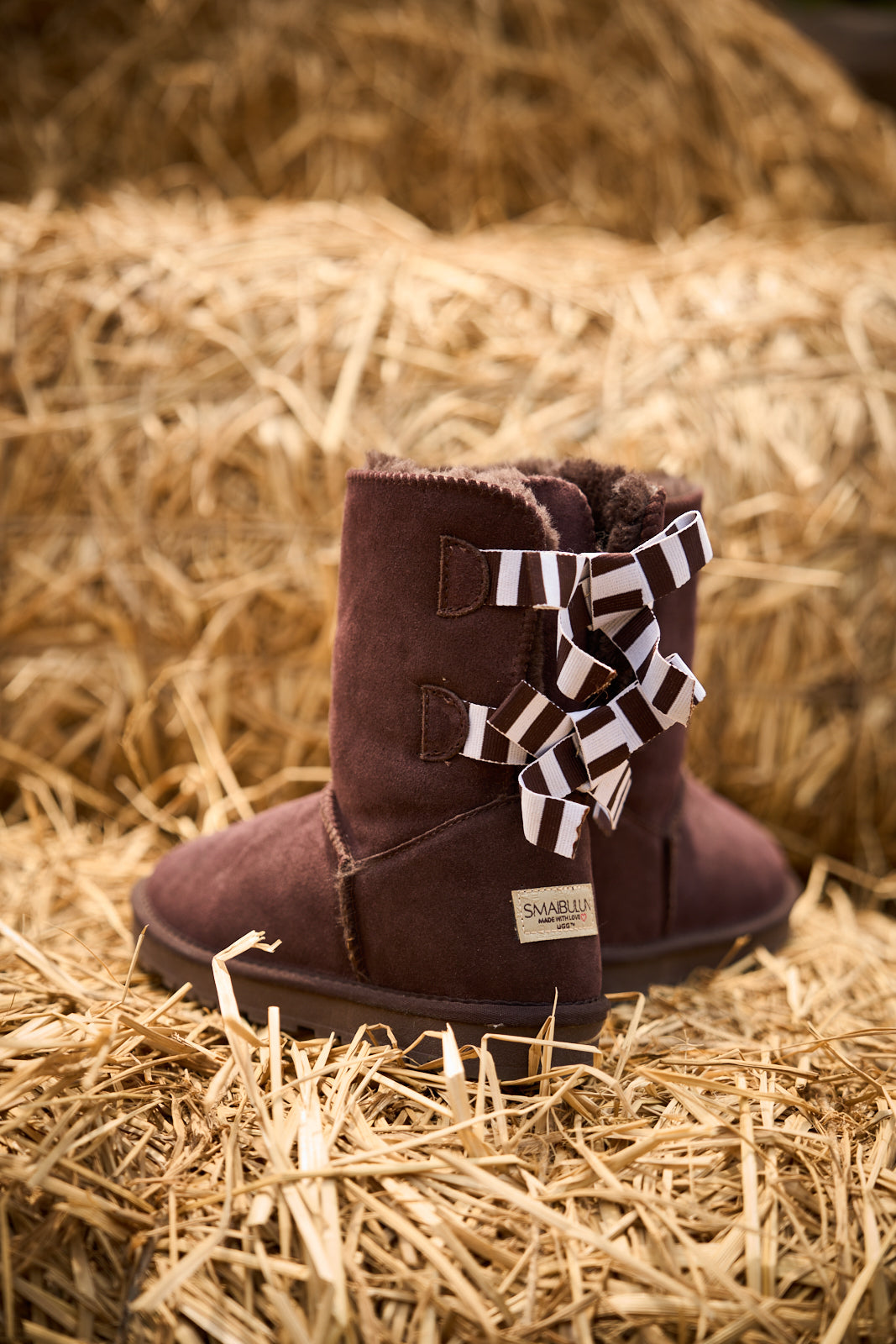 UGG Serenity Striped Bailey Bow Shearling Boots - Brown