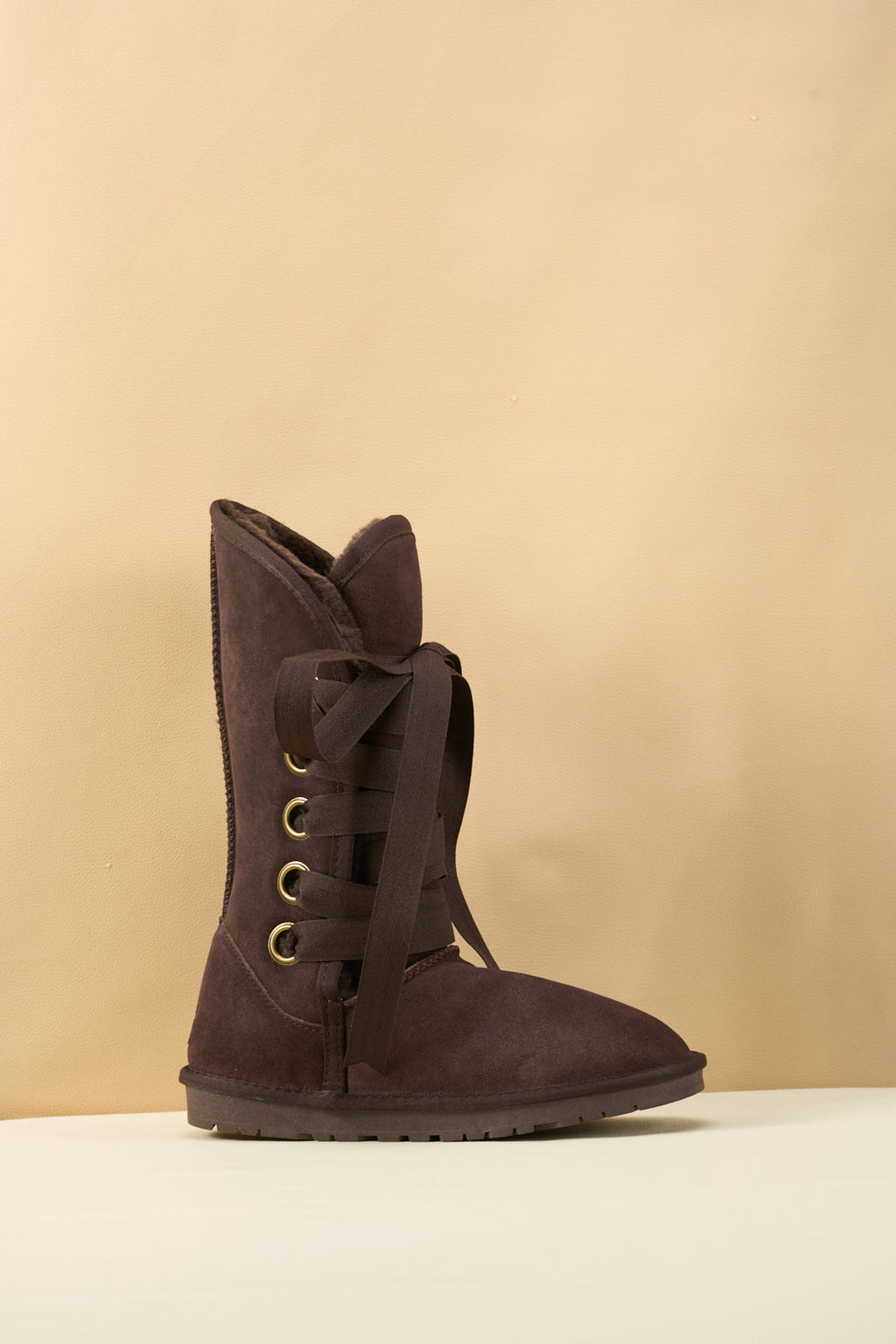 UGG Ribbon Lace-Up Faux Fur-lined Suede Boot - Chocolate