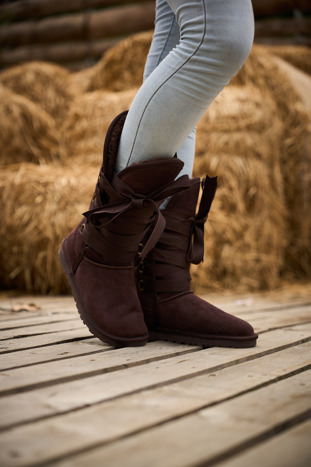 UGG Ribbon Lace-Up Faux Fur-lined Suede Boot - Chocolate