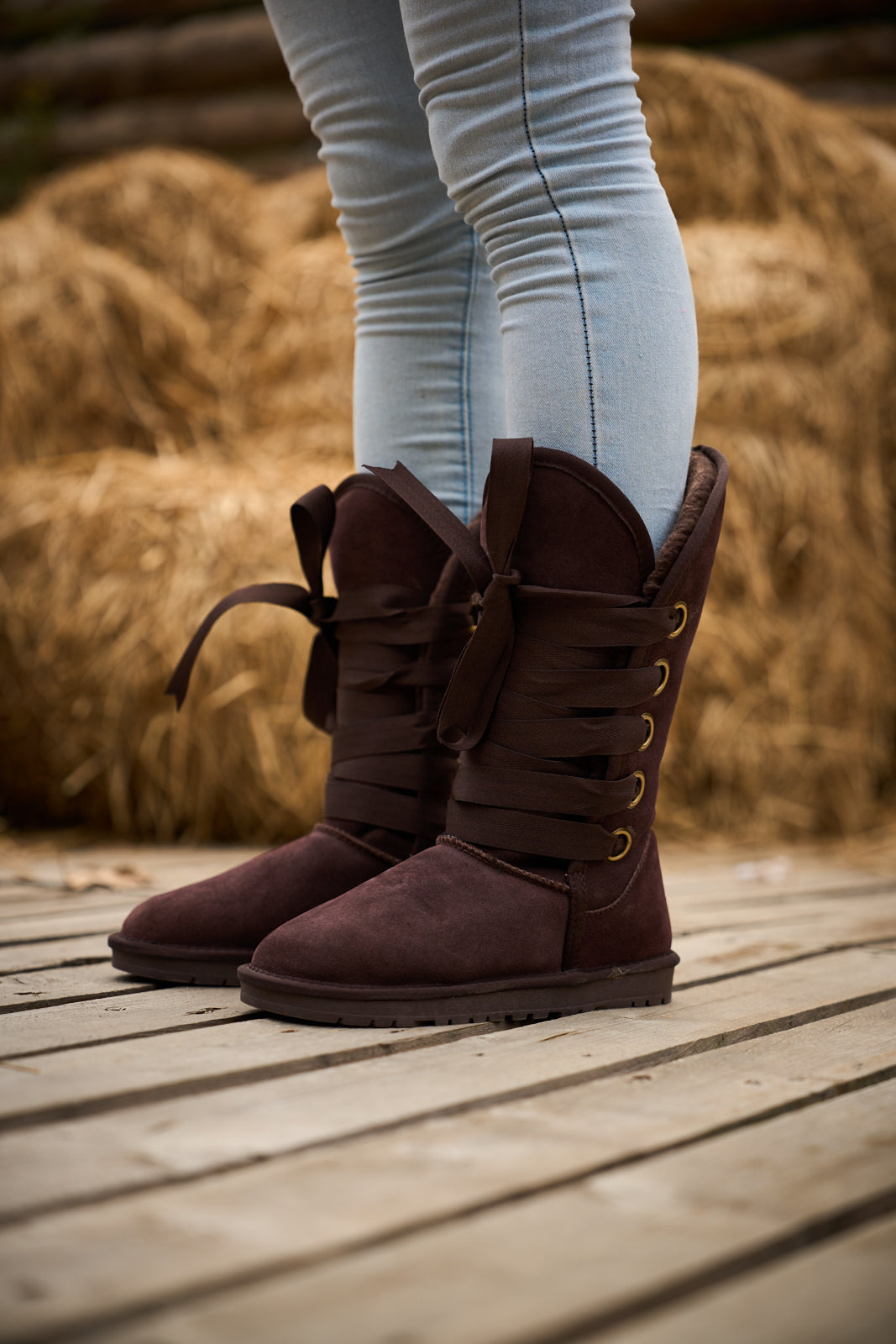 UGG Ribbon Lace-Up Faux Fur-lined Suede Boot - Chocolate