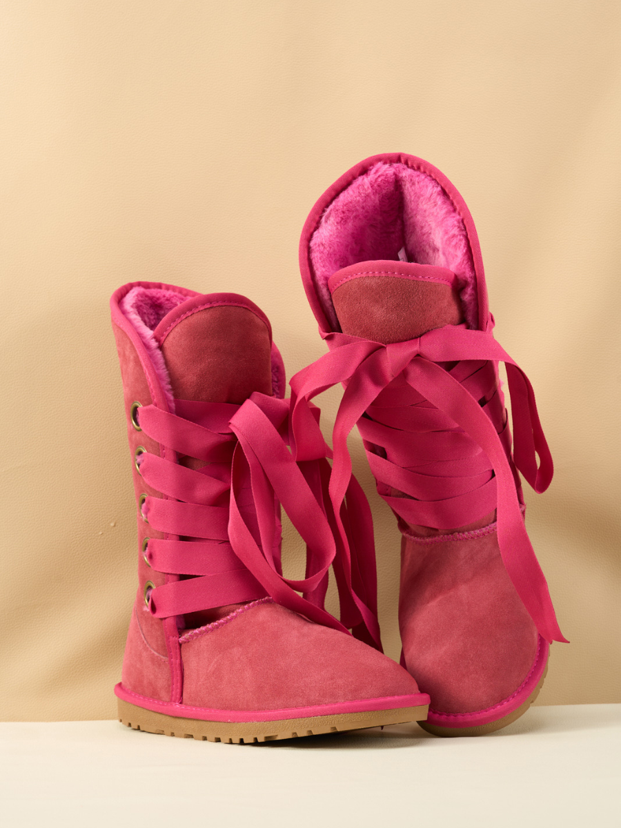 UGG Ribbon Lace-Up Faux Fur-lined Suede Boot - Fuchsia