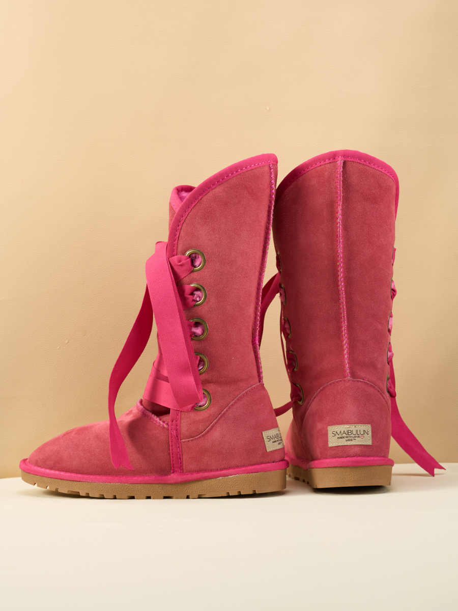 UGG Ribbon Lace-Up Faux Fur-lined Suede Boot - Fuchsia