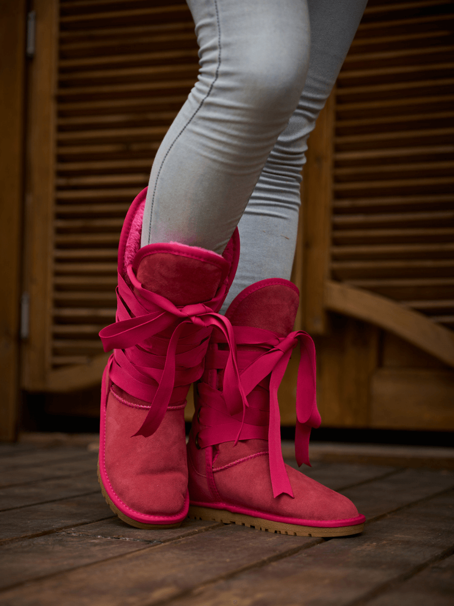 UGG Ribbon Lace-Up Faux Fur-lined Suede Boot - Fuchsia